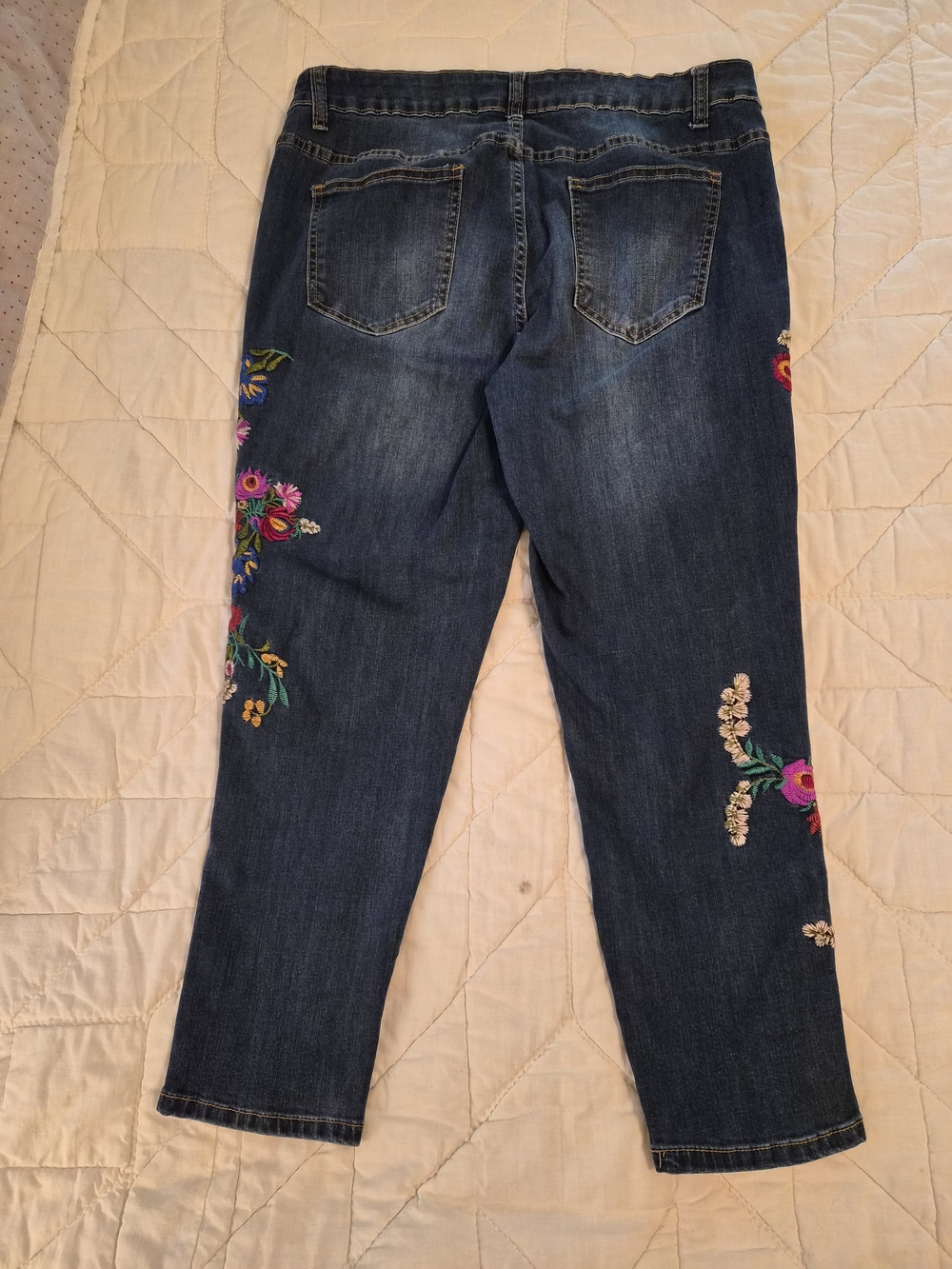 Dark Wash Embroidered Women’s Jeans - Blue with Multicolor Floral - Picture 3 of 12
